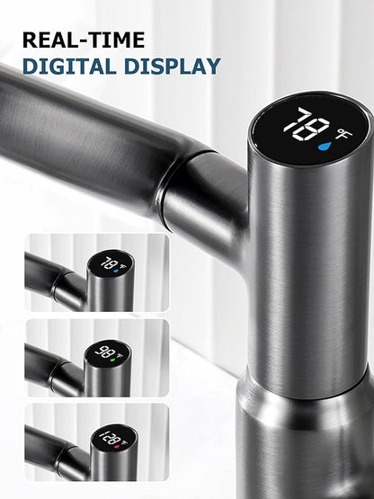 Lefton Rotatable Bathroom Faucet with Temperature Display in Fahrenheit (Batteries-Free), 3 Water Modes, Dark Grey, BF2204-2