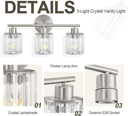 Crystal Bathroom Light Fixtures, Bathroom Lighting Fixtures Over Mirror, Modern 3-Light Brushed Nickel Vanity Lights for Mirror, Restroom, Kitchen(Ceramic E26 Socket,Bulbs Not Include)