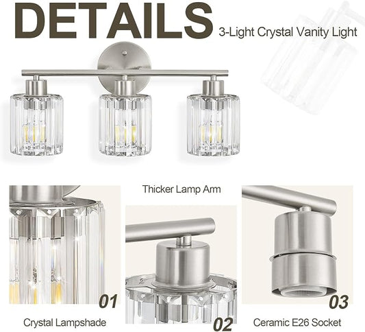 Modern Brushed Nickel Crystal Bathroom Light Fixtures,3-Light | Bathroom Lighting Fixtures over Mirror,Vanity Lights for Mirror, Restroom(Ceramic E26 Socket,Bulbs Not Include)