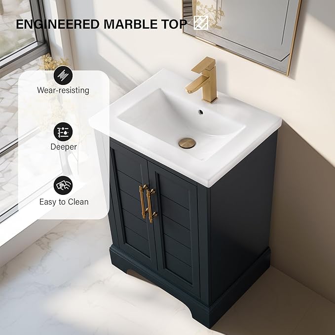 HOMEBEYOND 24 Inch Bathroom Vanity with Single Sink & Ceramic Top, Vanity Cabinet with Center Countertop Basin, Soft-Closing Doors, Vintage Spruce Blue