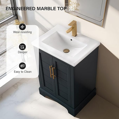 HOMEBEYOND 24 Inch Bathroom Vanity with Single Sink & Ceramic Top, Vanity Cabinet with Center Countertop Basin, Soft-Closing Doors, Vintage Spruce Blue