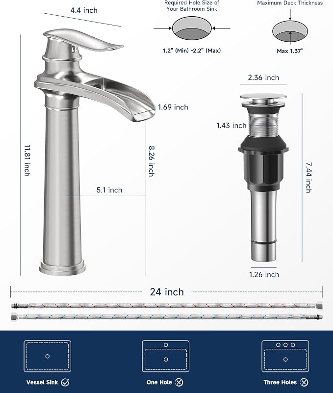 Brushed Nickel Vessel Sink Faucet Brass 12 Inch Waterfall Bathroom Faucet | with Pop Up Drain Assembly and Supply Hoses, Single Handle Tall Bathroom Faucets Lavatory Vanity Mixer Tap by BATHLAVISH