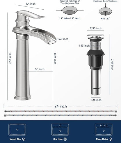 Brushed Nickel Vessel Sink Faucet Brass 12 Inch Waterfall Bathroom Faucet | with Pop Up Drain Assembly and Supply Hoses, Single Handle Tall Bathroom Faucets Lavatory Vanity Mixer Tap by BATHLAVISH