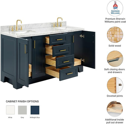 Emilia 66" Midnight Blue Double Bathroom Vanity with Sink, 1.5" Edge Italian Carrara Marble Countertop, Rectangular Sinks, 4 Soft Close Doors, 6 Dovetail Drawers