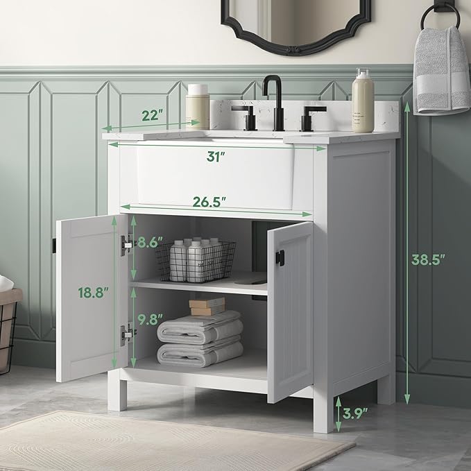 30 Inch White Bathroom Vanity with Sink, Farmhouse Bathroom Vanities Cabinet with Soft Closing Doors, Vanity for Bathroom with Apron Farm Sink, Solid Wooden Frame