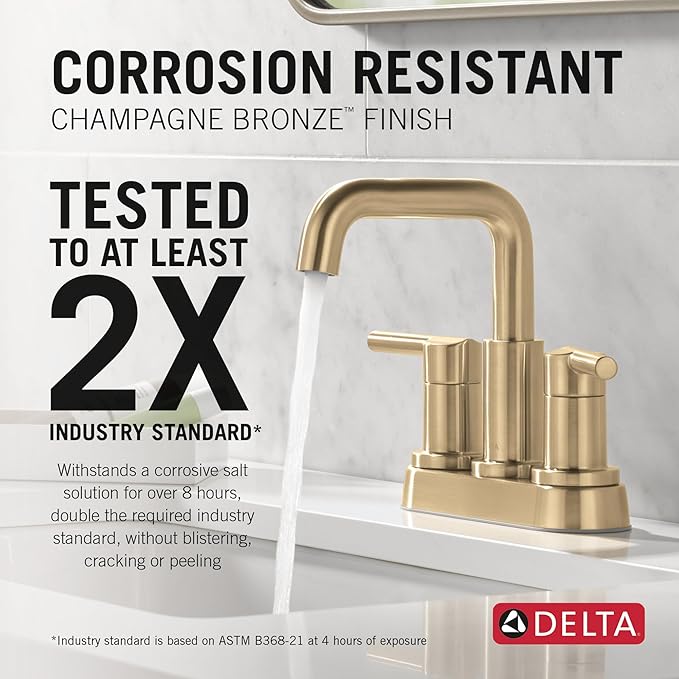 Delta Nicoli Centerset Brushed Gold Bathroom Faucet with Sprayer, 4 Inch 3 Hole Bathroom Sink Faucet with Pull Out Sprayer, Push-Pop Drain, Champagne Bronze 25849LF-CZ