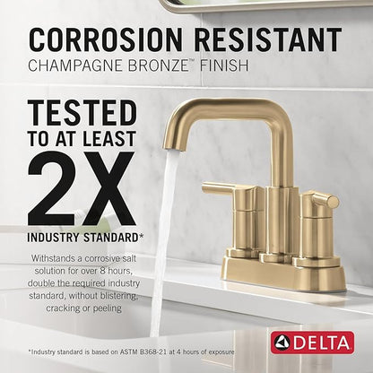 Delta Nicoli Centerset Brushed Gold Bathroom Faucet with Sprayer, 4 Inch 3 Hole Bathroom Sink Faucet with Pull Out Sprayer, Push-Pop Drain, Champagne Bronze 25849LF-CZ