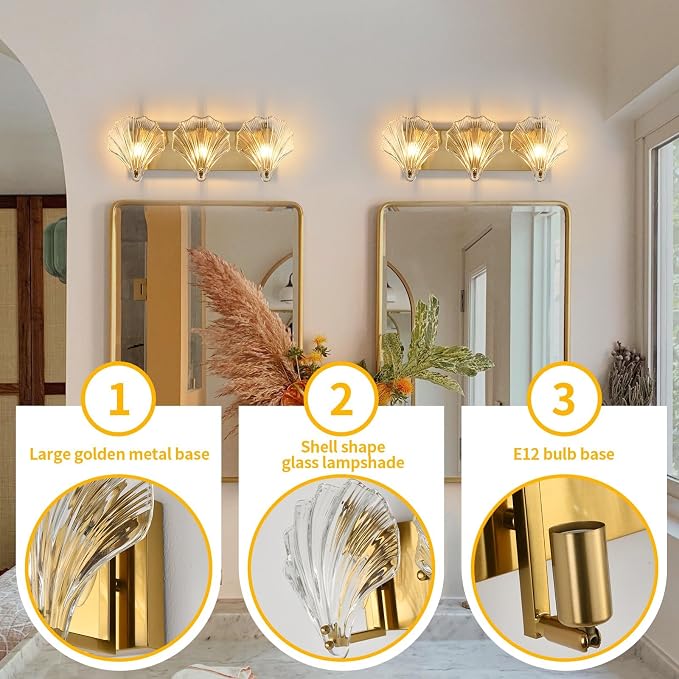 Bathroom Light Fixtures, 3-Lights Vanity Lights Over Mirror, Modern Bathroom Wall Light with Clear Shell Shaped Glass Shades, Gold Wall Sconces for Bedroom Living Room Kitchen Hallway