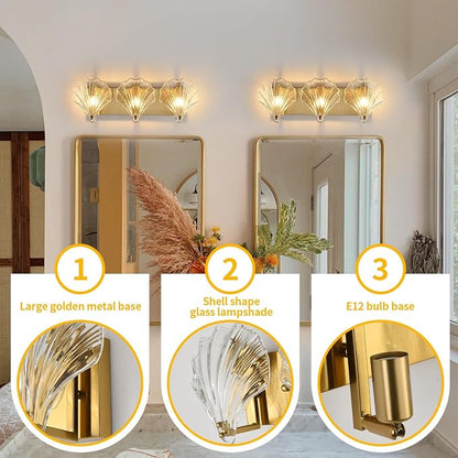 Bathroom Light Fixtures, 3-Lights Vanity Lights Over Mirror, Modern Bathroom Wall Light with Clear Shell Shaped Glass Shades, Gold Wall Sconces for Bedroom Living Room Kitchen Hallway