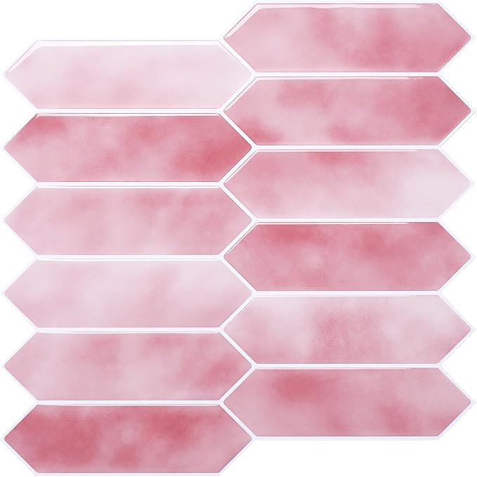 ReWallpaper 34-Sheet Self Adhesive Kitchen Backsplash Tiles Peel and Stick Marble Tile Sticker for Bathroom Waterproof Pastel Pink Long Hexagon Stick on Backsplash for Fireplace RV Living Room 12"x12"