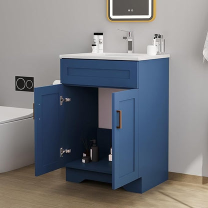Bathroom 24" Vanity with Ceramic Sink, Wooden Double Door Bathroom Storage Cabinet, Freestanding Cabinet Vanity with Sink (Paint, Blue,24")