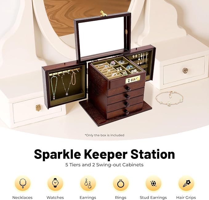 Extra Large 5 Layers Wooden Jewelry Box Jewelry Case Cabinet Armoire Ring Necklacel Gift Storage Box Organizer(5 Layers,Brown,Style 4)