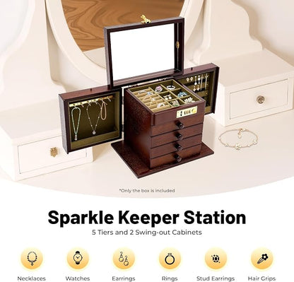Extra Large 5 Layers Wooden Jewelry Box Jewelry Case Cabinet Armoire Ring Necklacel Gift Storage Box Organizer(5 Layers,Brown,Style 4)