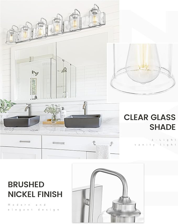 zeyu 44-Inch 6-Light Modern Bathroom Light with Clear Glass, ZSL72B-6W BN | Brushed Nickel Vanity Lighting, Up Or Down Mount, ETL Listed, 6 E26 Bulbs Up To 60W Each, For Bathroom Mirror, Bedroom