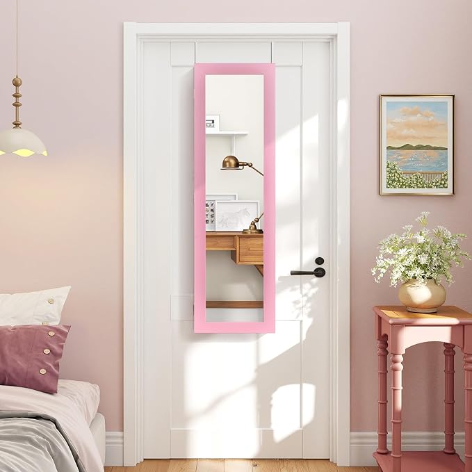 COSTWAY Full Length Mirror Jewelry Armoire, Wall Door Mounted Jewelry Cabinet Organizer with Makeup Mirror, Ring Slots and Necklace Hooks for Bedroom, Dressing Room (Pink)