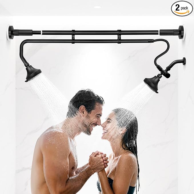 OURBAOFU Tandem Shower Heads, Double Shower Head for Couples | Dual Shower Head System for Two People,High Pressure,Adjustable 360° Rotation,48–78 In for Bathrooms,Gifts for Couples-Black