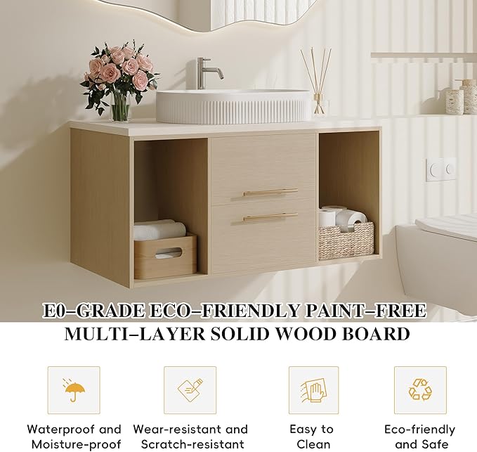 38.2 inch Modern Floating Bathroom Vanity with Sink, Wall Mounted Bathroom Cabinet with Oval Fluted Ceramic Sink, Pure White Counter Top, 2 Soft Closing Drawers & Open Storage Shelf