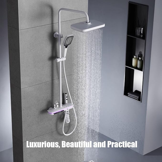 BEITH Thermostatic Shower System, 4 Piano Keys Shower Faucet Set, 31x20cm Square Shower Set, Digital Display, 360° LED Ambient Light, Hydroelectric Power, with Bathtub Faucet, Booster Spray Gun