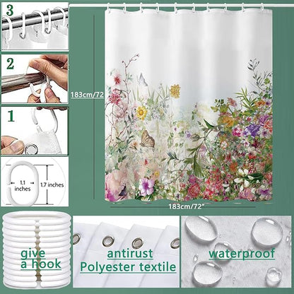 Shower Curtain, Fabric Colored Flowers Waterproof Shower Curtain - 72" W x 72" L with 12 Hooks