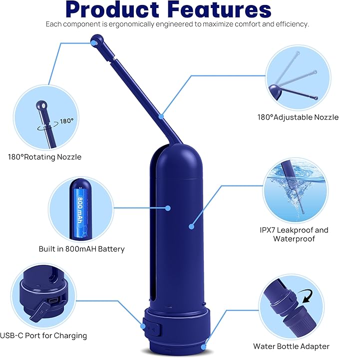 Portable Bidet for Travel with 180ml Bottle and Universal Adapter, 800mAh Battery for Upto 150 Uses on Full Charge with USB-C Cable, IPX7 Leakproof, 3 Pressure Modes Electric Travel Bidet