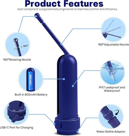Portable Bidet for Travel with 180ml Bottle and Universal Adapter, 800mAh Battery for Upto 150 Uses on Full Charge with USB-C Cable, IPX7 Leakproof, 3 Pressure Modes Electric Travel Bidet