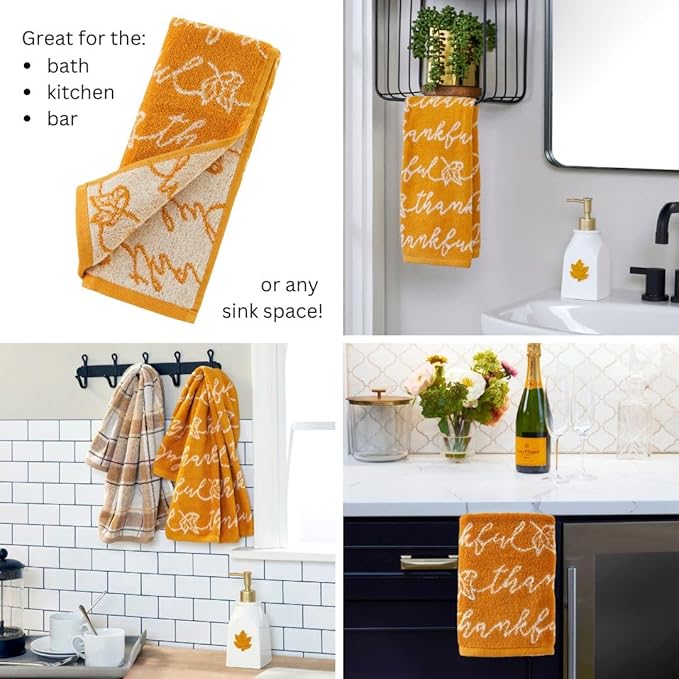 SKL Home Fall/Thanksgiving Thankful Script Hand Towel Set-2pc, Yellow | 100% Cotton. Soft & absorbent. Reversible jacquard pattern. Great for the bathroom, kitchen or bar & gifting.