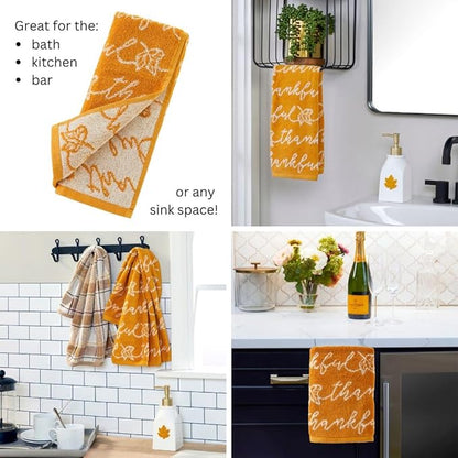 SKL Home Fall/Thanksgiving Thankful Script Hand Towel Set-2pc, Yellow | 100% Cotton. Soft & absorbent. Reversible jacquard pattern. Great for the bathroom, kitchen or bar & gifting.