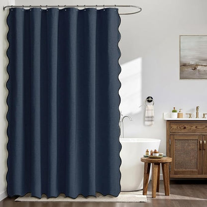 MIULEE 72"x84" Extra Long Scalloped Linen Shower Curtain Navy | Linen Textured, Waterproof, Washable, 12 Metal Hooks, Heavy Duty Cloth, Black Border, Shower Curtain for Bathroom Bathtub