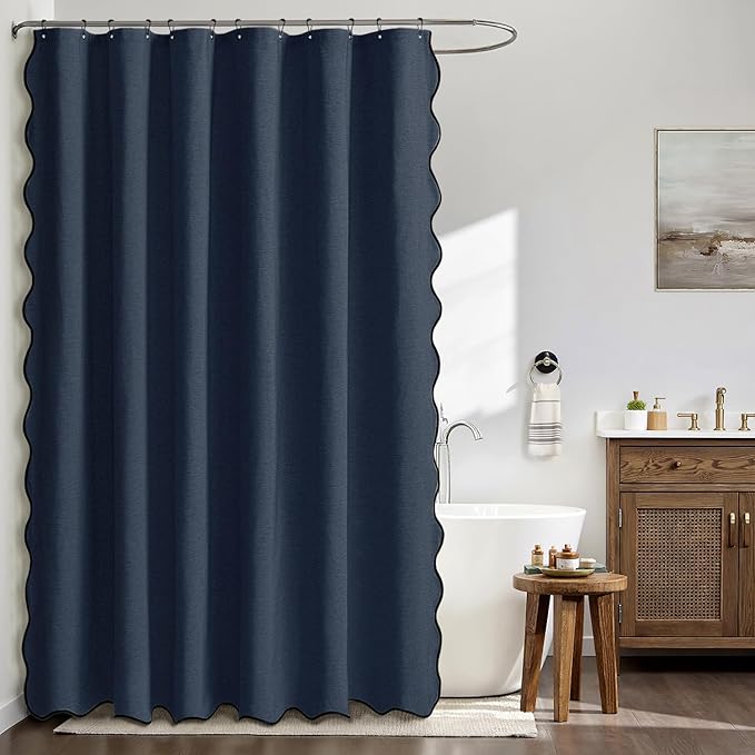 MIULEE 72"x84" Extra Long Scalloped Linen Shower Curtain Navy | Linen Textured, Waterproof, Washable, 12 Metal Hooks, Heavy Duty Cloth, Black Border, Shower Curtain for Bathroom Bathtub