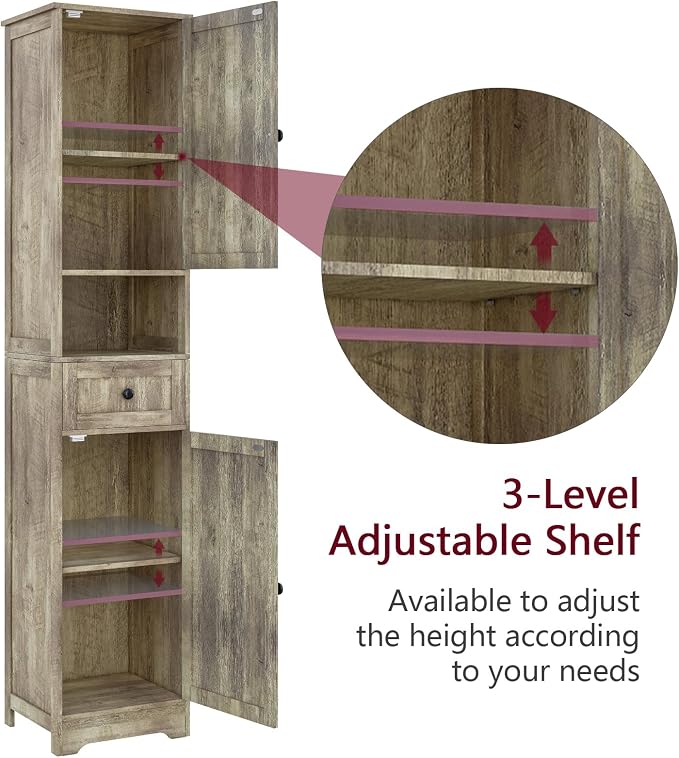 Tall Bathroom Cabinet,Storage Cabinet with 5 Shelves & 1 Drawer, with Adjustable Shelve, for Bathroom, Kitchen, Entryway, Living Room (Gray)