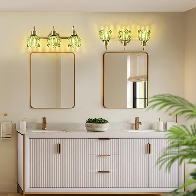 Gold Bathroom Light Fixtures, 20 Inch Vintage Vanity Lights for Bathroom, 3-Light Modern Vanity Lights with Ribbed Green Tulip Glass Shade, Wall Lamp for Mirror Living Room Hallway