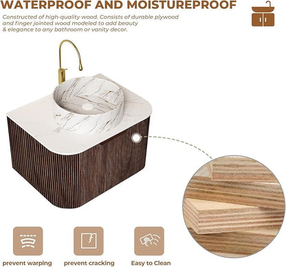 LKTART 24 Inch Floating Bathroom Vanity with Sink, Modern Wall Mounted Bathroom Storage Cabinet with Drawer, Stone Pattern Round White Ceramic Sink Top and Marble Texture Top, Walnut