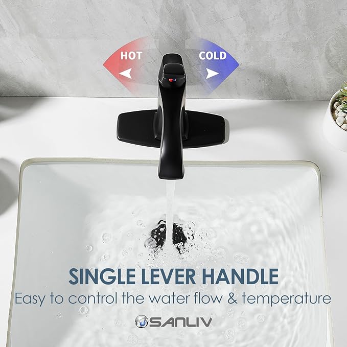 Matte Black Bathroom Faucet 1 Hole, Sanliv Single Handle Bathroom Sink Faucet, Modern Black Vanity Faucet with Deckplate & Pop-Up Drain for One or 3-Hole Farmhouse Sinks