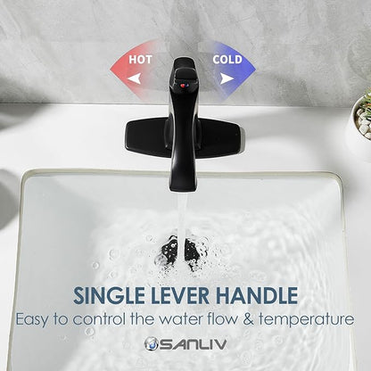 Matte Black Bathroom Faucet 1 Hole, Sanliv Single Handle Bathroom Sink Faucet, Modern Black Vanity Faucet with Deckplate & Pop-Up Drain for One or 3-Hole Farmhouse Sinks