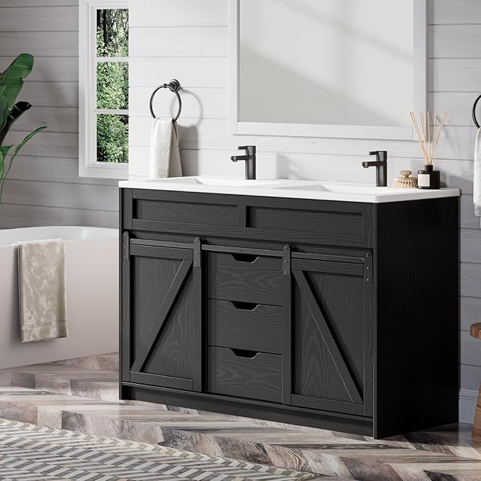 48 Inch Bathroom Vanity with Double Sink Combo, Farmhouse Bathroom Cabinet Set with Sliding Barn Door & 3 Drawers, Freestanding Bath Vanities, Black