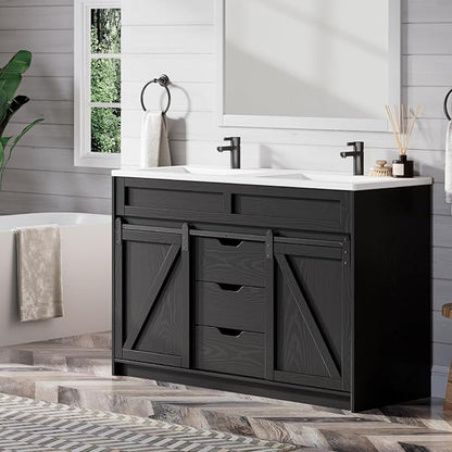 48 Inch Bathroom Vanity with Double Sink Combo, Farmhouse Bathroom Cabinet Set with Sliding Barn Door & 3 Drawers, Freestanding Bath Vanities, Black