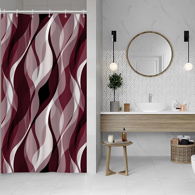 Burgundy Shower Curtain, Modern Abstract Ombre Burgundy Striped Shower Curtain Set for Bathroom Waterproof Shower Curtain with Hooks, 54x72 Inch