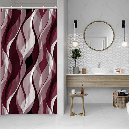 Burgundy Shower Curtain, Modern Abstract Ombre Burgundy Striped Shower Curtain Set for Bathroom Waterproof Shower Curtain with Hooks, 60x72 Inch