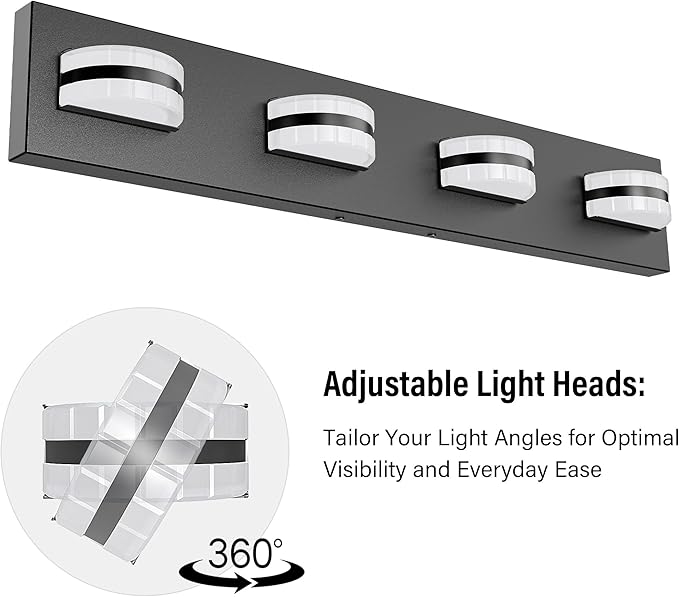 LED Bathroom Vanity Light, 360°Rotatable, Nature White 5000K 4Light, Black Modern Matte Bathroom Lighting Fixtures, Over Mirror Vanity Lights ETL Certified