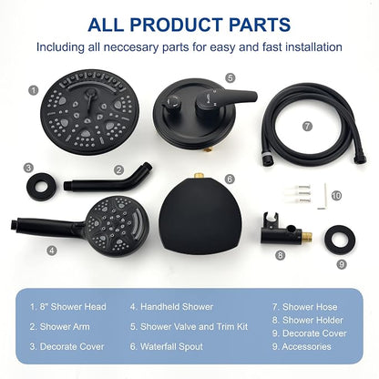 SHAMANDA Luxury Tub Shower Faucet Set with Round-in Valve, Wall Mounted Shower System with Waterfall Tub Spout and 6-Setting Rain Shower Head with 9-Setting Handheld, Matte Black, L8083-7