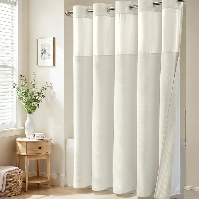 Cream Hook Free Waffle Shower Curtain & Snap-in Fabric Liner,72x99 | Less Time to install, 3 in 1 Fabric Shower Curtain and Liner Set with Magnets, Extra Long, Shower Curtains for Bathroom