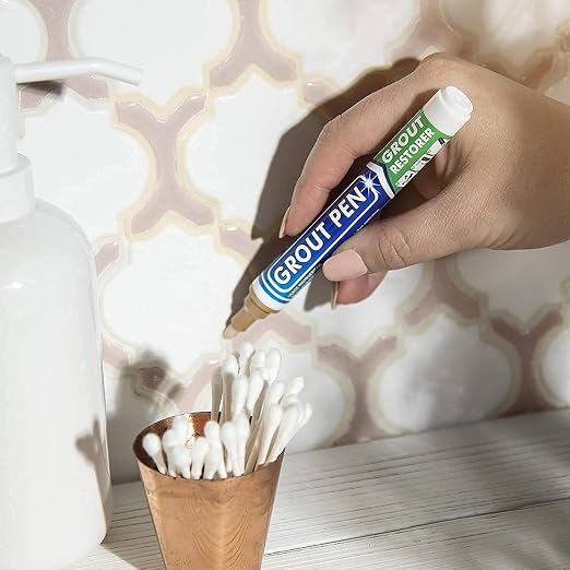Grout Pen Beige Tile Grout Paint Marker - 2 Pack w/Extra Tips (7mL) | Waterproof Grout Refresh Restorer for Kitchen & Bathroom, Tile Grout Colorant Pens - Narrow Tip 5mm - Beige