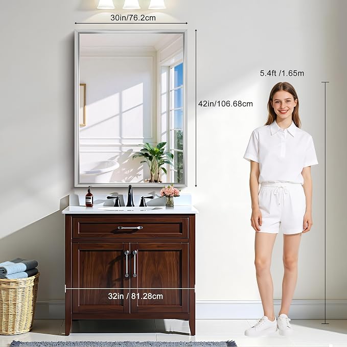 CIRCUMI 30"x42" Brushed Silver Bathroom Mirror, Rectangular Vanity Mirror | Chunky Box Metal Frame, Shatterproof, Tempered Glass, Bathroom Remodel&New Home,Wall Mirror for Over Sink,Living Room,Hallway