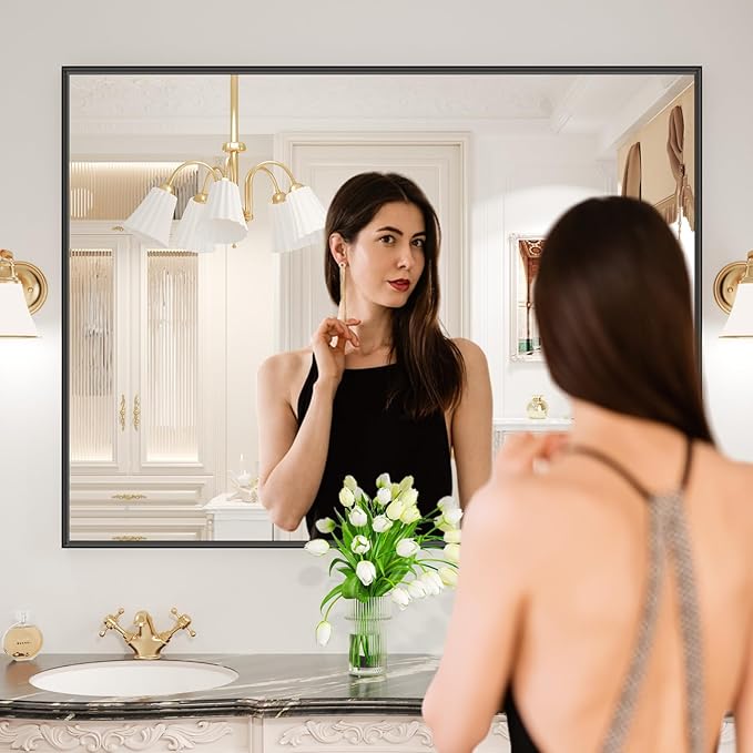 LOAAO Black Bathroom Mirror 48"X30" for Wall, Rectangle Bathroom Vanity Mirror, Tempered Glass, Hangs Vertically or Horizontally, Easy to Install, Modern Design