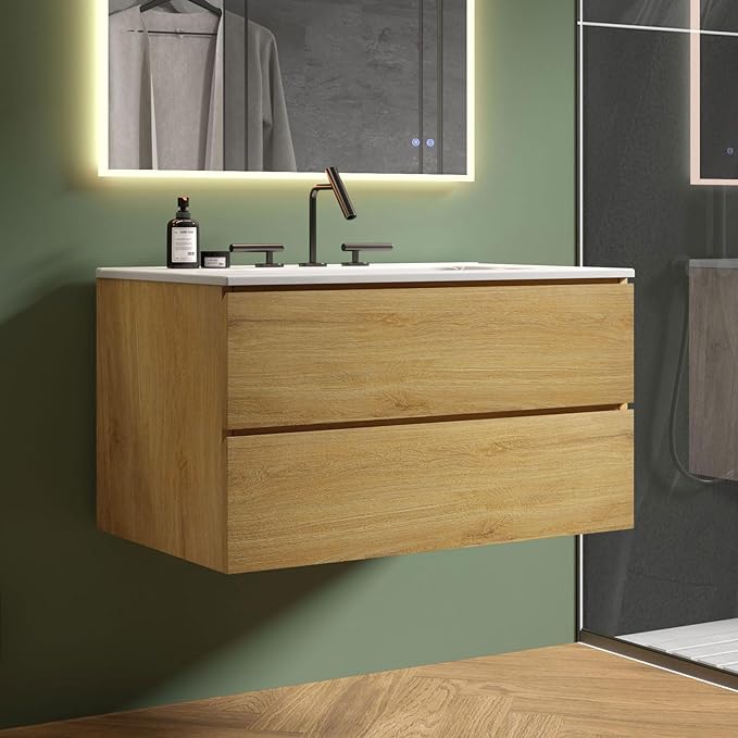 36" Bathroom Vanity with Sink, Modern Floating Vanity with Double Soft-Closing Drawers, Large Storage for Small Space, Natural Oak, Fully Assembled - Iris Collection