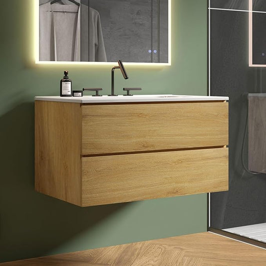 36" Bathroom Vanity with Sink, Modern Floating Vanity with Double Soft-Closing Drawers, Large Storage for Small Space, Natural Oak, Fully Assembled - Iris Collection
