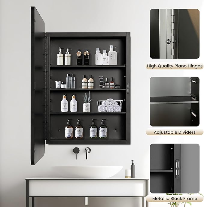 20x30 Medicine Cabinet with Mirror, Black Metal, Recessed or Surface Mount | 3 adjustable metal shelves, reversible piano-hinge door, 95% assembled; cutout 17.72"W x 24.02"H x 3.54"D