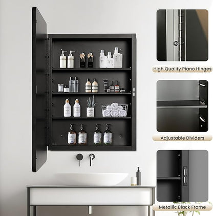 20x30 Medicine Cabinet with Mirror, Black Metal, Recessed or Surface Mount | 3 adjustable metal shelves, reversible piano-hinge door, 95% assembled; cutout 17.72"W x 24.02"H x 3.54"D