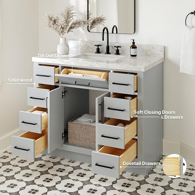 ARIEL Hepburn 42-inch Bathroom Vanity Base Cabinet,Solid Wood, 2 Soft Closing Doors, 9 Dovetail Drawers, Grey