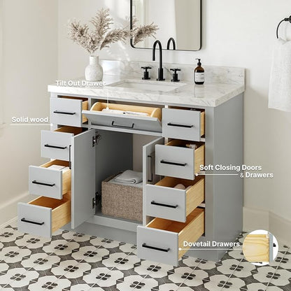 ARIEL Hepburn 42-inch Bathroom Vanity Base Cabinet,Solid Wood, 2 Soft Closing Doors, 9 Dovetail Drawers, Grey